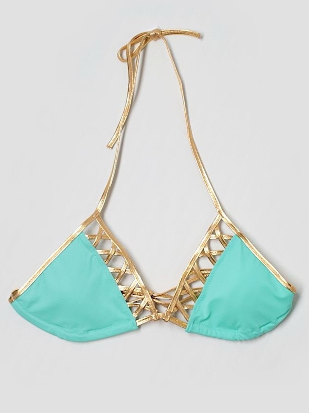 Victoria’s Secret Turquoise Geometric Metallic Gold Lattice Triangle Bikini Top